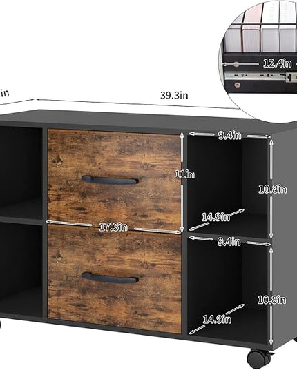sogesfurniture Mobile Lateral Filing Cabinet with 2 Drawers,Lateral Office Cabinet Printer Stand, Multifunctional Storage Cabinet with Open Shelves and Castors for Home & Office (Brown) - LeafyLoom