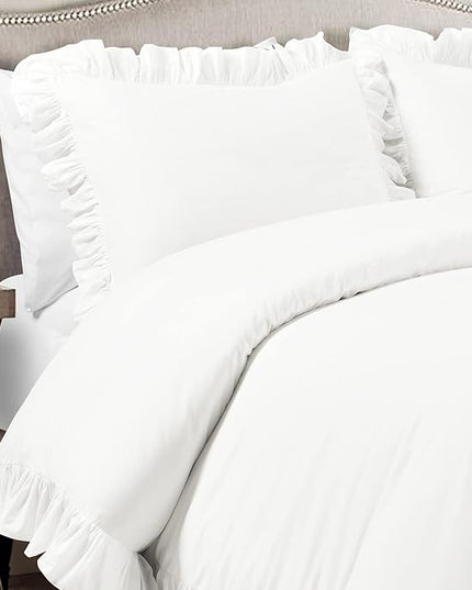 Lush Decor Reyna Ruffle 100% Cotton Duvet Cover Set - 3 Piece Cozy Ruffled Bedding Set - Timeless Elegance and Comfort - Full/ Queen, Pure White - LeafyLoom