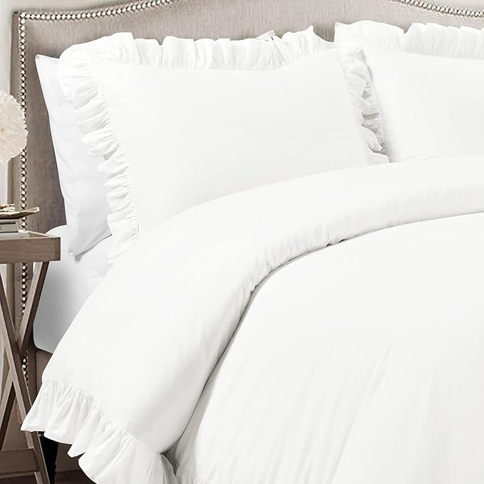 Lush Decor Reyna Ruffle 100% Cotton Duvet Cover Set - 3 Piece Cozy Ruffled Bedding Set - Timeless Elegance and Comfort - King, Pure White - LeafyLoom