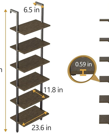 Ladder Shelf Black 6 Tiers Modern Bookshelf Room Organizer Open Tall Wall Mount Bookcase Standing Leaning Wall Shelves Industrial Decorative Living Room Bed Room - LeafyLoom