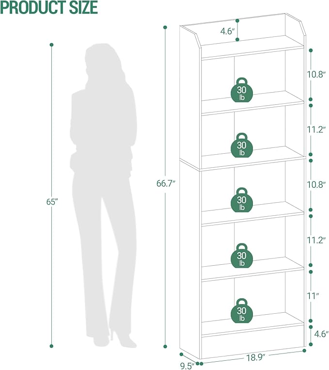 6-Tier Bookshelf, 66.7 Inches Floor Standing Bookcase, Display Storage Shelf, Corner Shelf, Home Decor Furniture for Home Office, Living Room, Bedroom, Black 02904XBC - LeafyLoom