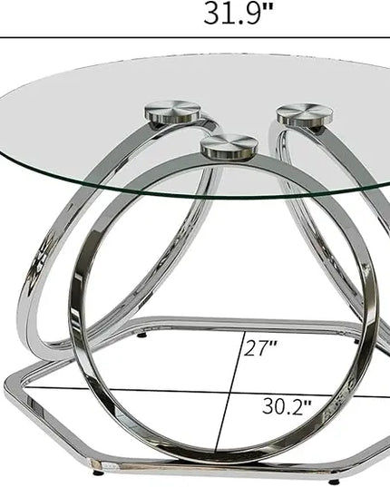 O&K FURNITURE Glass Coffee Table, Modern Silver Coffee Table Living Room Table with Hexagonal Base, Round Coffee Table for Home&Office, Chrome Finish, 1 PC - LeafyLoom