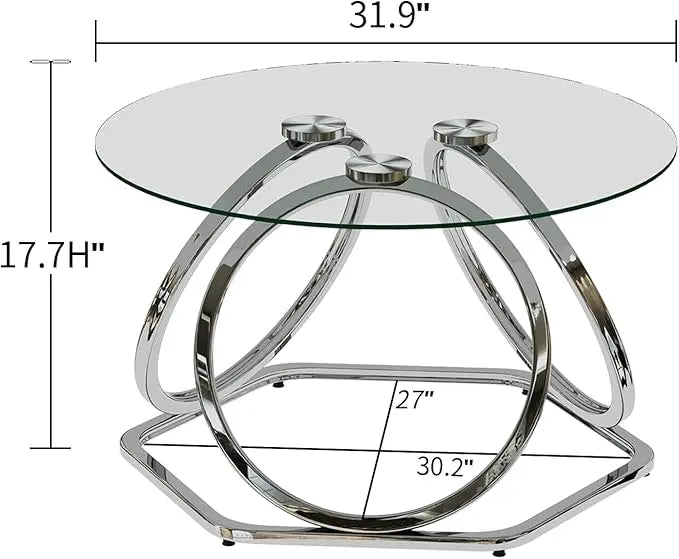 O&K FURNITURE Glass Coffee Table, Modern Silver Coffee Table Living Room Table with Hexagonal Base, Round Coffee Table for Home&Office, Chrome Finish, 1 PC - LeafyLoom