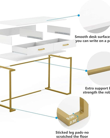 Tribesigns 40 Inch Computer Desk, White and Gold Desk with 2 Drawers, Modern Simple Home Office Desk, Gold Writing Desk Study Table for Bedroom, Modern Makeup Vanity Desk for Small Spaces - LeafyLoom