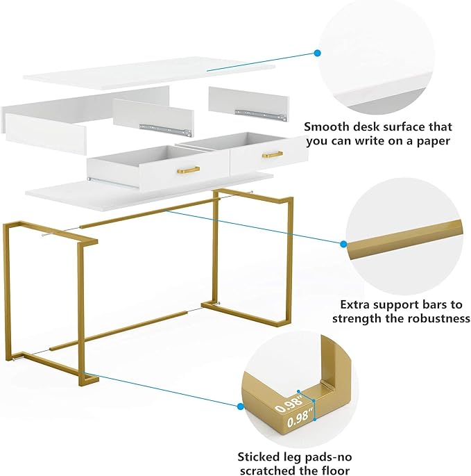 Tribesigns 40 Inch Computer Desk, White and Gold Desk with 2 Drawers, Modern Simple Home Office Desk, Gold Writing Desk Study Table for Bedroom, Modern Makeup Vanity Desk for Small Spaces - LeafyLoom