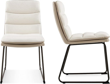 COLAMY Dining Chairs Set of 2, Upholstered Modern Waffle Fabric Dining Room Chairs, Faux Leather Chairs with High Back Side with Metal Legs for Kitchen Dining Living Waiting Room, Cream - LeafyLoom