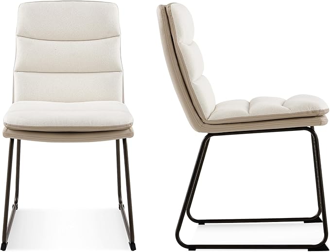 COLAMY Dining Chairs Set of 2, Upholstered Modern Waffle Fabric Dining Room Chairs, Faux Leather Chairs with High Back Side with Metal Legs for Kitchen Dining Living Waiting Room, Cream - LeafyLoom
