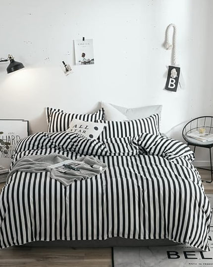 White and Black Stripes Comforter Set Twin Women Bedding Set Soft Durable White Striated Bedding Set Black Stripes Ticking Quilts Hotel Quality Comforter Set Girls White Black Stripes Bed Set - LeafyLoom