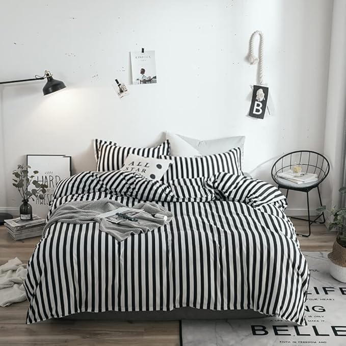 White and Black Stripes Comforter Set Twin Women Bedding Set Soft Durable White Striated Bedding Set Black Stripes Ticking Quilts Hotel Quality Comforter Set Girls White Black Stripes Bed Set - LeafyLoom