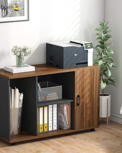 Tribesigns 39 inches File Cabinet, Large Storage Printer Stand, Mobile Filling Office Cabinet with Wheels, Doors and Open Storage Shelves,Dark Walnut - LeafyLoom