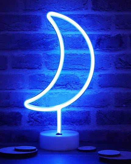 Neon Moon Lights, LED Moon Decor Neon Signs Crescent Night Lights Art Decorations Lamp for Party Supplies, Children Kids Girls Gift-Moon with Holder Base(Blue) - LeafyLoom