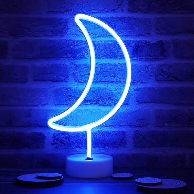 Neon Moon Lights, LED Moon Decor Neon Signs Crescent Night Lights Art Decorations Lamp for Party Supplies, Children Kids Girls Gift-Moon with Holder Base(Blue) - LeafyLoom