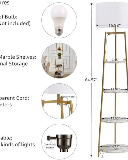 Floor Lamp, Standing Reading Light with Shelves and Fabric Shade, Modern Tall Pole Lamp, Accent Furniture Décor Lighting for Living Room, Bedrooms (Gold, 4-Tier) - LeafyLoom