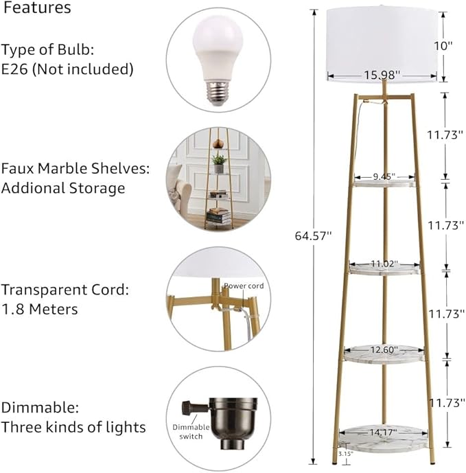 Floor Lamp, Standing Reading Light with Shelves and Fabric Shade, Modern Tall Pole Lamp, Accent Furniture Décor Lighting for Living Room, Bedrooms (Gold, 4-Tier) - LeafyLoom
