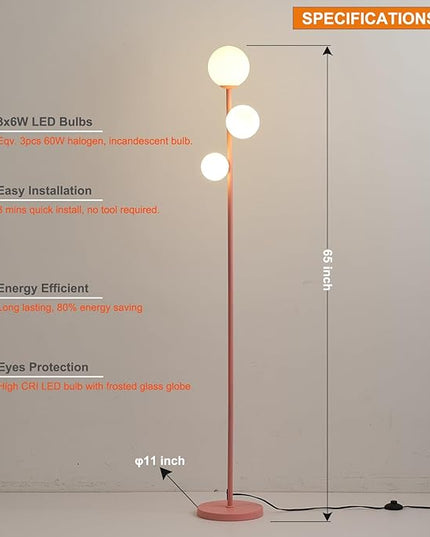 3 Globe Floor Lamp with Sphere Frosted Glass Shade and Warm Light LED Bulbs, Pink Modern Standing Lamp, Cute LED Tall Pole Lamp for Living Room, Bedroom, Girls Room - Elegant Pink - LeafyLoom