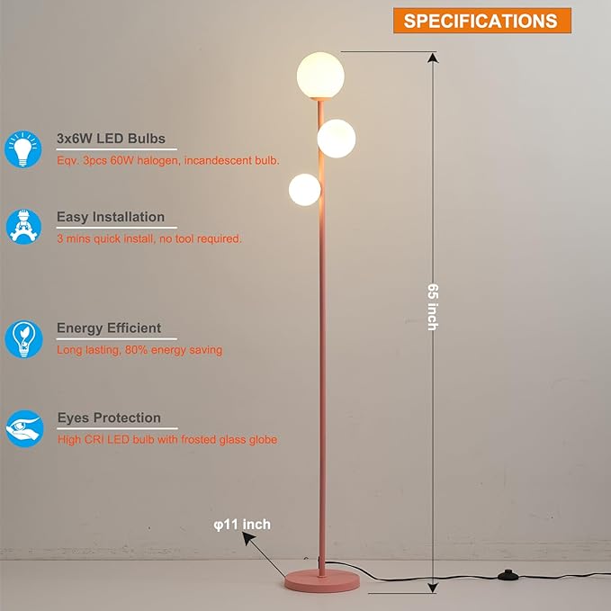 3 Globe Floor Lamp with Sphere Frosted Glass Shade and Warm Light LED Bulbs, Pink Modern Standing Lamp, Cute LED Tall Pole Lamp for Living Room, Bedroom, Girls Room - Elegant Pink - LeafyLoom