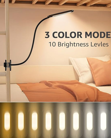Desk Lamp with Clamp, 8W Clip on Light with 3 Lighting Modes, 10 Brightness Level, Eye-Caring Reading Lamp, Flexible Gooseneck Clamp Lamp, USB Desk Light for Bed Headboard Home - LeafyLoom