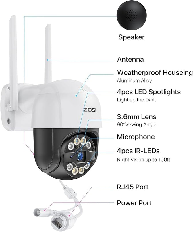 ZOSI C289 2K Pan/Tilt WiFi Add On Camera, 3MP Plug-in Outdoor PT Security Camera, Night Vision, Human Detection, 2 Way Audio, Smart Light Siren, Only Work 2K WiFi NVR System(ZR08RP,ZR08LL) ZOSI