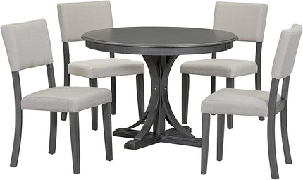 NicBex Kitchen Table Chairs Set of 4 Dining Table Set 5-Piece Retro Round Dining Table Set with Curved Trestle Style Table Legs and 4 Upholstered Chairs for Dining Room, Dark Gray - LeafyLoom