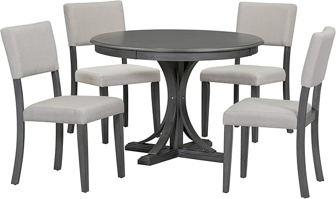 NicBex Kitchen Table Chairs Set of 4 Dining Table Set 5-Piece Retro Round Dining Table Set with Curved Trestle Style Table Legs and 4 Upholstered Chairs for Dining Room, Dark Gray - LeafyLoom