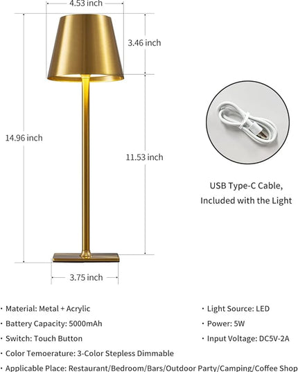 KDG 2 Pack Cordless Table Lamp,Portable LED Desk Lamp, 5000mAh Battery Operated, 3 Color Stepless Dimming Up, for Restaurant/Bedroom/Bars/Outdoor Party/Camping/Coffee Shop Night Light(Gold) - LeafyLoom