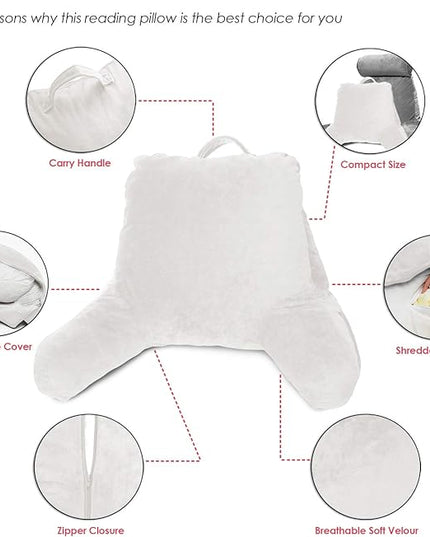Clara Clark Reading Pillow for Kids, Small Back Pillow for Sitting Up in Bed, Memory Foam Back Support Pillow, Reading Pillows for Sitting in Bed, White Gaming Pillow for Bed with Arms and Pockets - LeafyLoom