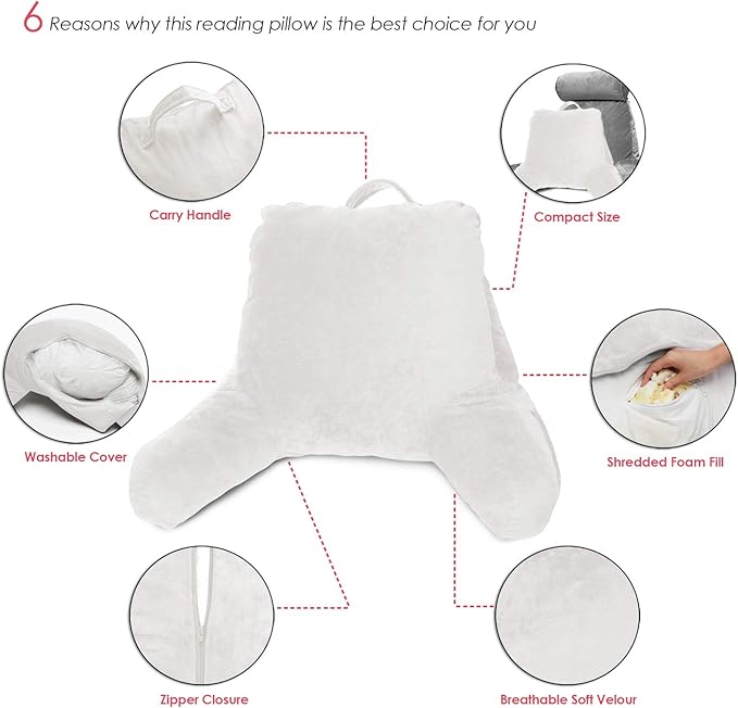 Clara Clark Reading Pillow for Kids, Small Back Pillow for Sitting Up in Bed, Memory Foam Back Support Pillow, Reading Pillows for Sitting in Bed, White Gaming Pillow for Bed with Arms and Pockets - LeafyLoom