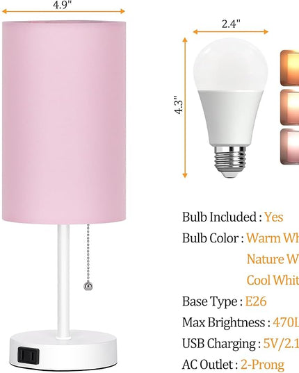 Dott Arts Table Lamp for Bedroom, 3-Color Bedside Lamps with Pull Chain, Bedroom Table Lamps for Nightstand,Small Lamp for Living Room, Bulb Included Pink - LeafyLoom