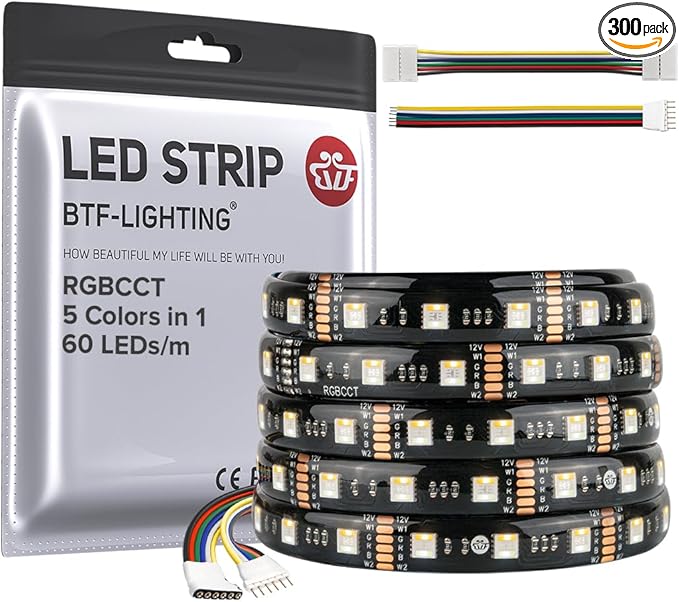 BTF-LIGHTING RGBCCT 5 Colors in 1 LED 5050SMD RGBWW RGB+Dimmable Tunable Color Temperature 2700K-6500K 16.4ft 60LEDs/m 300LEDs DC12V Multi-Colored Lights IP65 for Decoration(No Adapter or Controller) BTF-LIGHTING