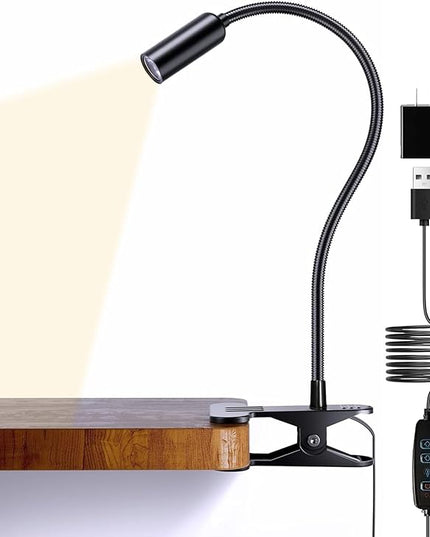 JHD Led Desk Lamp with Clamp - 10 Brightness Levels, 12" Flexible Gooseneck,USB Lamp - Suitable for Home Office, Reading, Bed Light,Quality Black Metal Clamp Light（includes charger adapter） - LeafyLoom