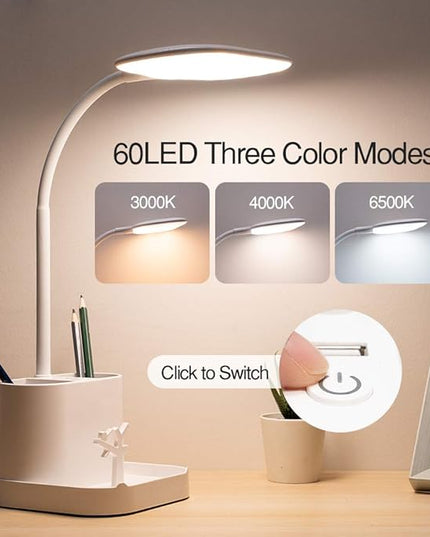 Desk Lamps for Home Office, 3 Light Colors Dimmable Desk Light Led Desk Lamp with Charger, Battery Operated Desk Lamp for Desk, Study Lamp with Pen & Phone Holder,White Led Desk Lamps for Home Office - LeafyLoom