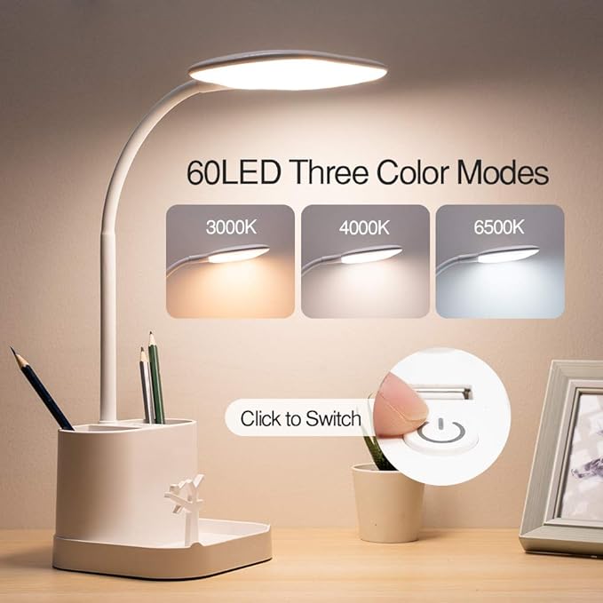 Desk Lamps for Home Office, 3 Light Colors Dimmable Desk Light Led Desk Lamp with Charger, Battery Operated Desk Lamp for Desk, Study Lamp with Pen & Phone Holder,White Led Desk Lamps for Home Office - LeafyLoom