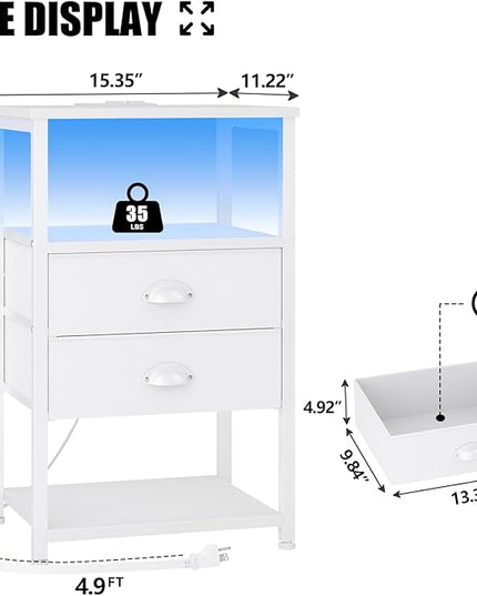 Furologee Nightstand with Charging Station, White Night Stand with LED Lights, 3-Tier Storage End Table with Fabric Drawers, Side Table with USB Ports & Outlets for Lving Room/Bedroom - LeafyLoom