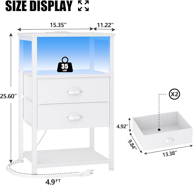 Furologee Nightstand with Charging Station, White Night Stand with LED Lights, 3-Tier Storage End Table with Fabric Drawers, Side Table with USB Ports & Outlets for Lving Room/Bedroom - LeafyLoom