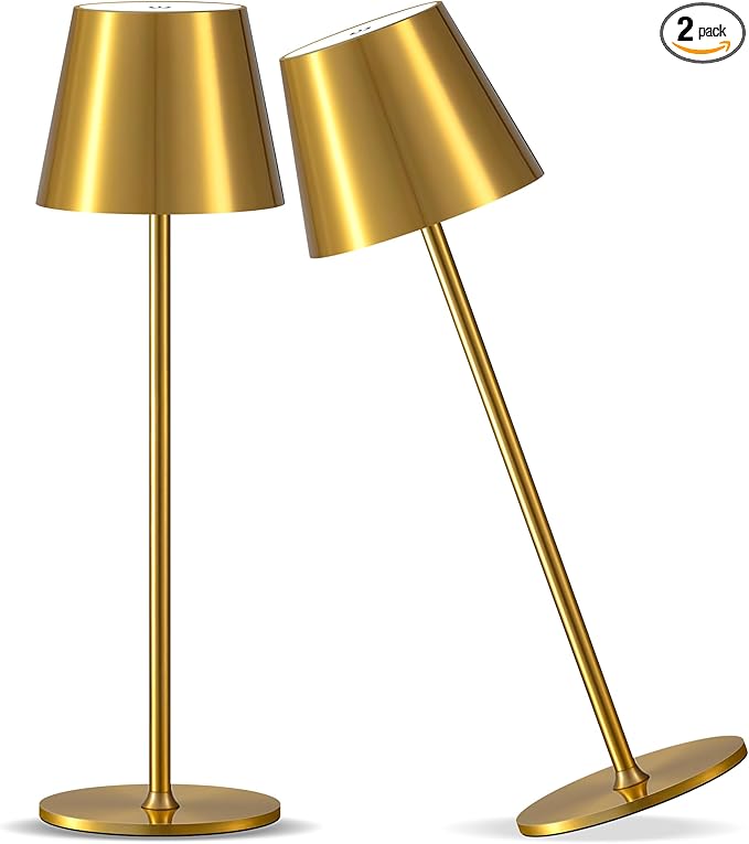 Cordless Rechargeable Table Lamp Set of 2, 5000mAh Battery Powered LED Desk Lamp, 3 Color Stepless Dimming Up, Portable Table Light Lamp for Bedroom Restaurant Outdoor (Gold) - LeafyLoom