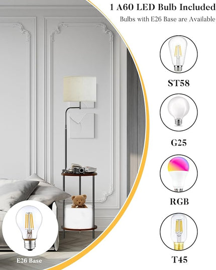 Lightdot 57IN Floor Lamp with Shelves, Mid Century Modern Standing Lamps with Bulb and Storage Bag Included, Black Pole End Table with Lamp Attached for Living Room Bedroom - LeafyLoom