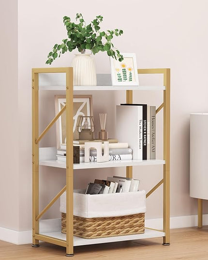 Small Bookshelf for Small Spaces, 3 Tier Bookcase, Narrow Gold Book Shelf, Small Shelf Open Display Rack for Bedroom, Living Room, Home Office,White&Gold - LeafyLoom