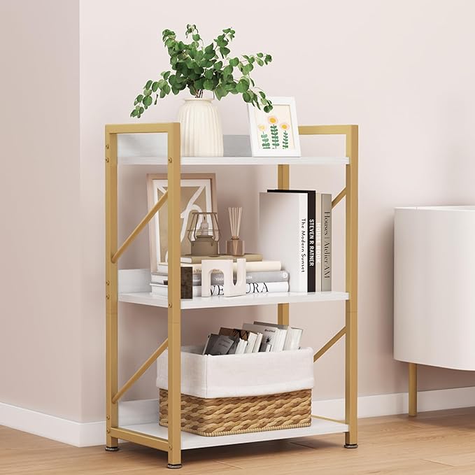 Small Bookshelf for Small Spaces, 3 Tier Bookcase, Narrow Gold Book Shelf, Small Shelf Open Display Rack for Bedroom, Living Room, Home Office,White&Gold - LeafyLoom
