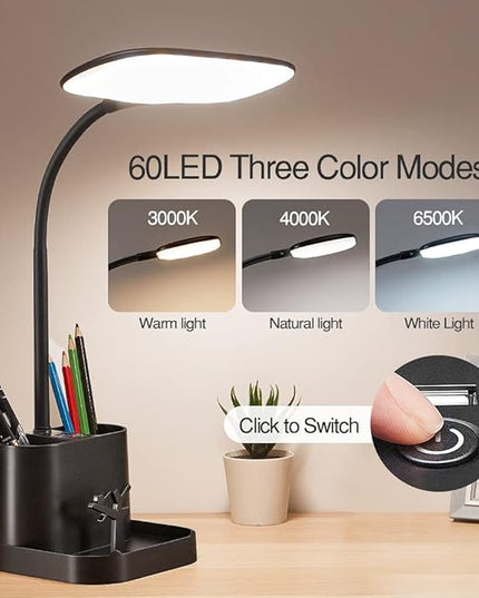 Mubarek Desk Lamps for Office Lamp 8W+3 Light Colors, USB Rechargeable & Dimmable Office Desk Lamp with USB Charging Port, 60LED+150Lumen LED Desk Lamps for Home Office Lamp LED Desk Light with Pen - LeafyLoom