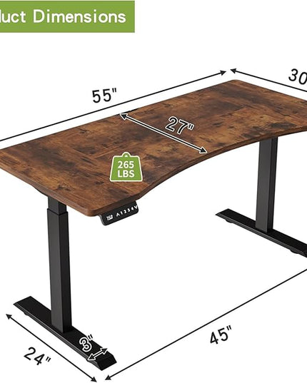 Radlove Dual Motors Height Adjustable 55 x 30'' Electric Standing Desk with Curved Design Stand Up Table 4 Memory Keys, Computer Desk with Splice Board Home Office Desk, Rustic Brown Top + Black Frame - LeafyLoom