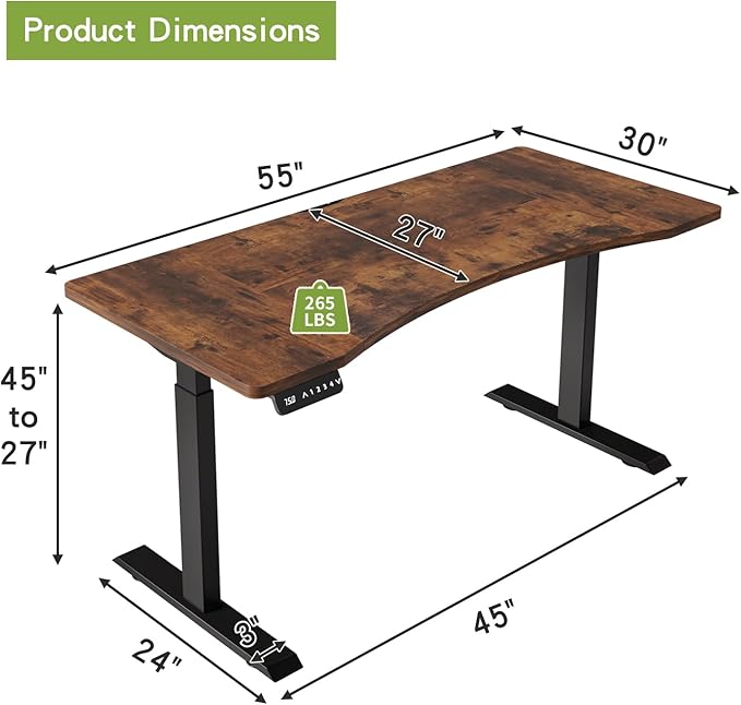 Radlove Dual Motors Height Adjustable 55 x 30'' Electric Standing Desk with Curved Design Stand Up Table 4 Memory Keys, Computer Desk with Splice Board Home Office Desk, Rustic Brown Top + Black Frame - LeafyLoom