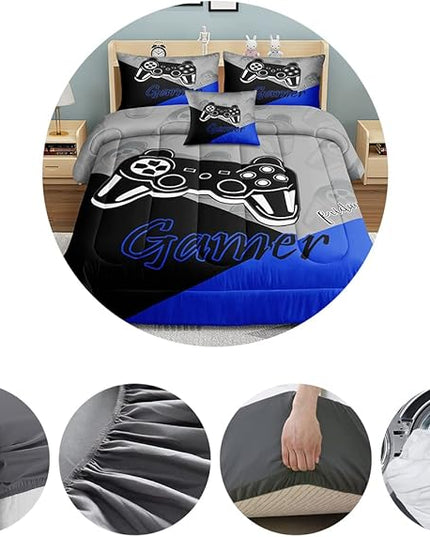 5 Pieces Bed in A Bag Gamer Bedding Set for Boys Kids Gaming Comforters Set,Gamer Bed in a Bag Complete with Comforter Set Sheets Flat Sheet Pillowcase,DJT5002Twin Size - LeafyLoom