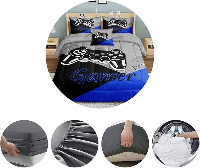 6 Pieces Bed in A Bag Gamer Bedding Set for Boys Kids Adult Gaming Comforters Set,Boys Bed in A Bag Set Full Size Comforter with Fitted Shee Flat Sheet Pillowcase pillowsham,DJT5002Queen - LeafyLoom