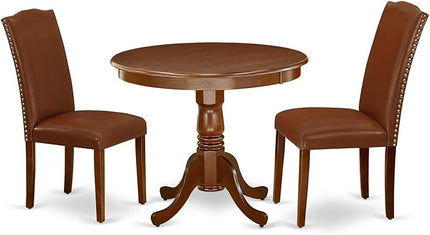 East West Furniture Antique 3 Piece Room Furniture Set Contains a Round Dining Table with Pedestal and 2 Brown Faux Leather Upholstered Chairs, 36x36 Inch, ANEN3-MAH-66 - LeafyLoom