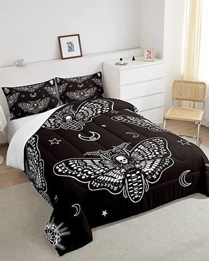 Feelyou Boys Boho Moth Comforter Set King Size Men Gothic Skull Bedding Set for Girls Women Bedroom Decor Bohemian Moon Star Comforter Personalized Moth Skull Skeleton Bones Duvet Set Teens Quilt Set - LeafyLoom