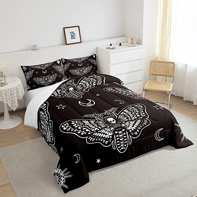 Feelyou Boys Boho Moth Comforter Set King Size Men Gothic Skull Bedding Set for Girls Women Bedroom Decor Bohemian Moon Star Comforter Personalized Moth Skull Skeleton Bones Duvet Set Teens Quilt Set - LeafyLoom
