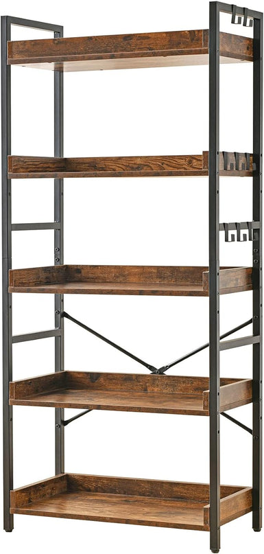 HCHQHS Adjustable 5 Tier Open Bookcase, Rustic Farmhouse Book Shelves, Industrial Wood and Black Metal Bookshelves, Mid Century Bookcase for Home Office Living Room Bedroom - LeafyLoom