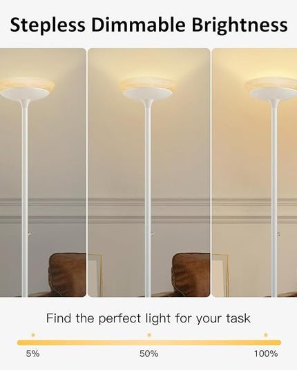 BoostArea Torchiere Floor Lamp, 24W Super Bright LED Standing Lamp, Stepless Dimmable Pole Lamp with 3000K Lighting, Glass Lampshade, 71Inch Tall Metal Modern Floor lamps for Living Room/Bedroom White - LeafyLoom