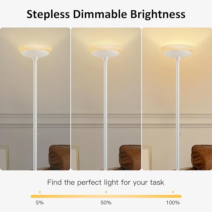 BoostArea Torchiere Floor Lamp, 24W Super Bright LED Standing Lamp, Stepless Dimmable Pole Lamp with 3000K Lighting, Glass Lampshade, 71Inch Tall Metal Modern Floor lamps for Living Room/Bedroom White - LeafyLoom