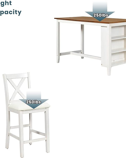 Farmhouse Style Counter Height Rustic wit 4 Chairs, Long-Lasting Solid Rubber Wooden Bar, Easy Assembly, Room, Kitchen, 5 Piece Dining Table Set, White 20 - LeafyLoom